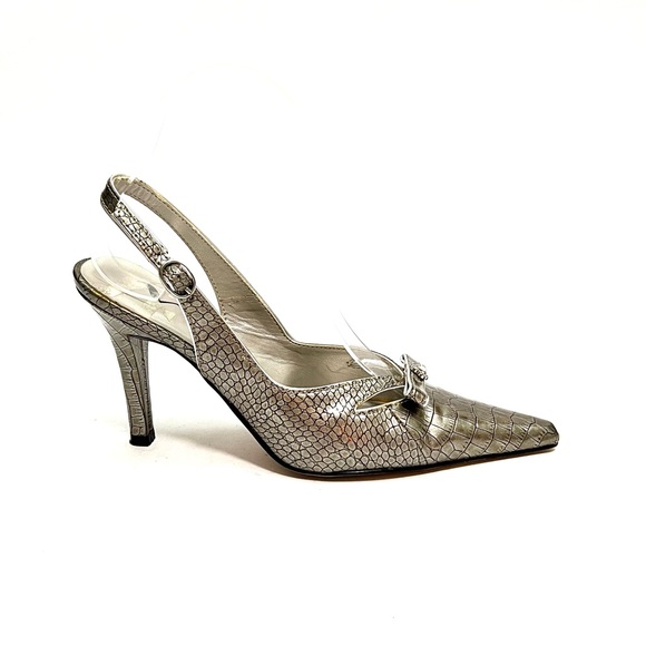 Vintage Y2K silver leather reptile embossed rhinestone pointed toe slingbacks